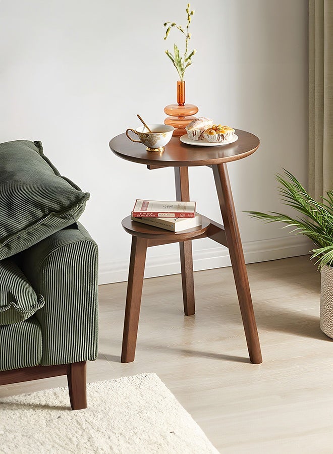 WALALLA Solid Wood Round Side Table - 2-Tier Mid-Century Modern End Table with 40cm Diameter, Multi-Functional Accent Table for Living Room & Bedroom (Walnut) - Image 1